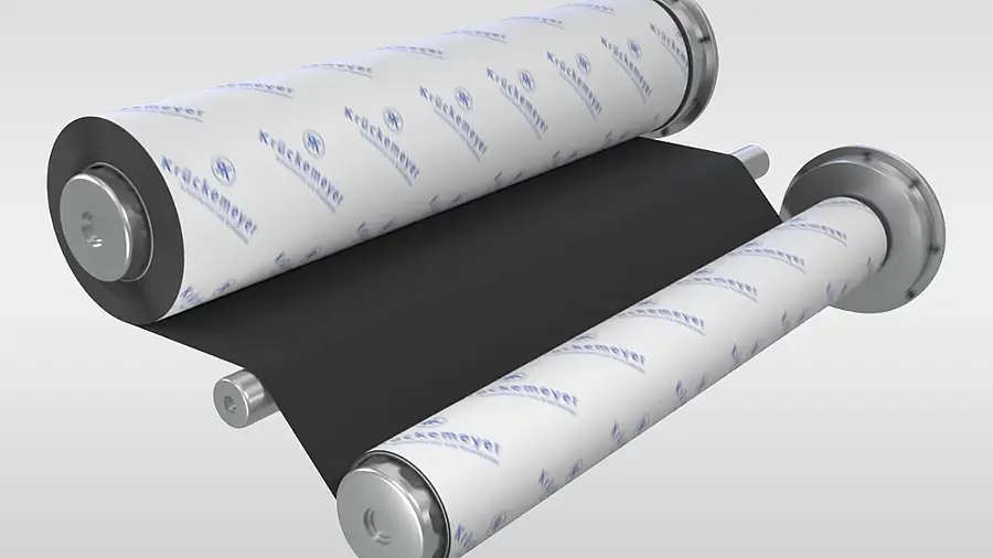 Black material web passing between two rollers