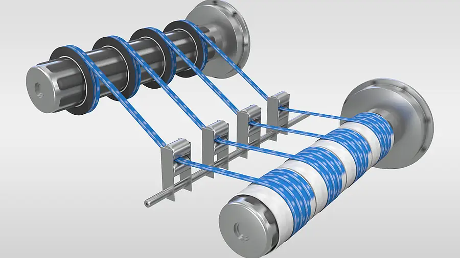 Narrow blue material strips are fed onto a cross-wound spool