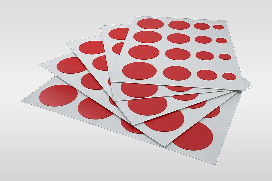 Round red rubber die cuts in different sizes on white carrier sheets