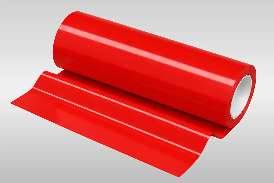 Glossy red PVC film unwound from a roll