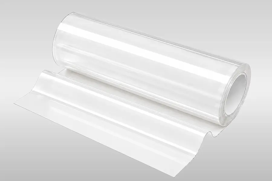 Transparent polycarbonate film on a roll with an unwound web