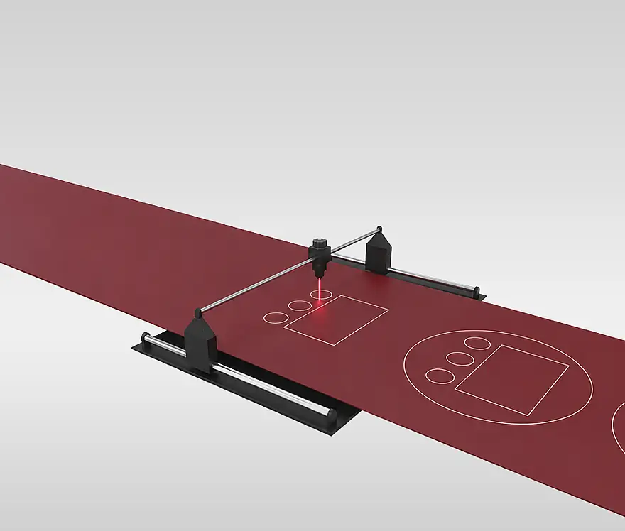 Illustration of a laser over a red material web with round and rectangular cut contours