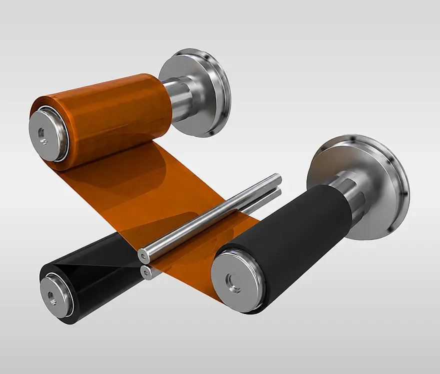 Orange film web running between rollers in a lamination illustration