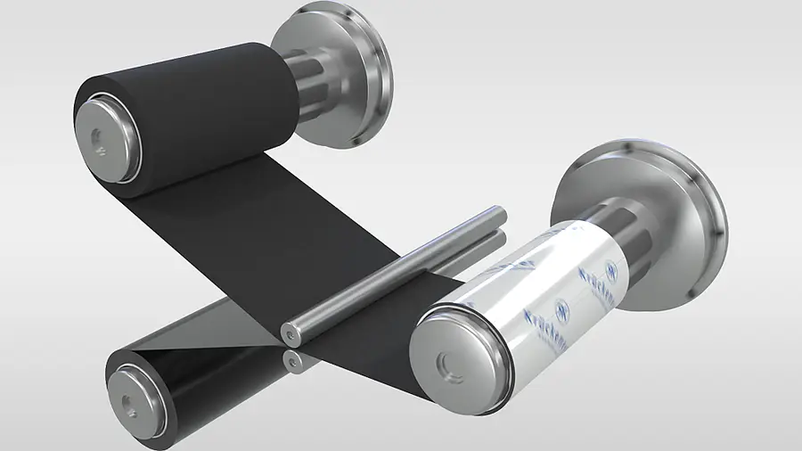 Black material web is joined with another web between rollers