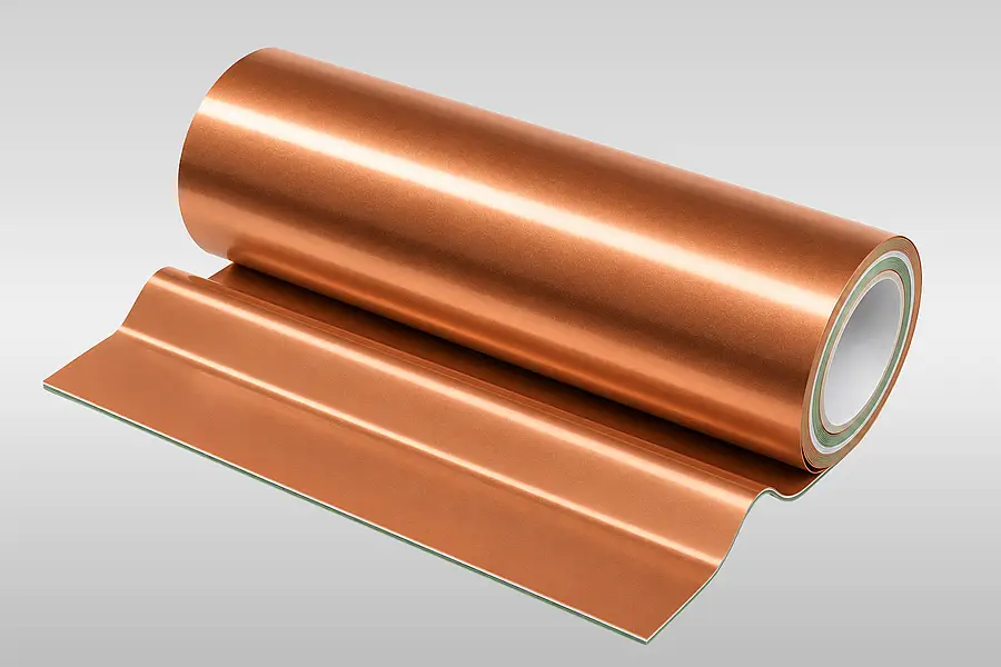 Copper-coloured film web on a roll with a visibly layered edge