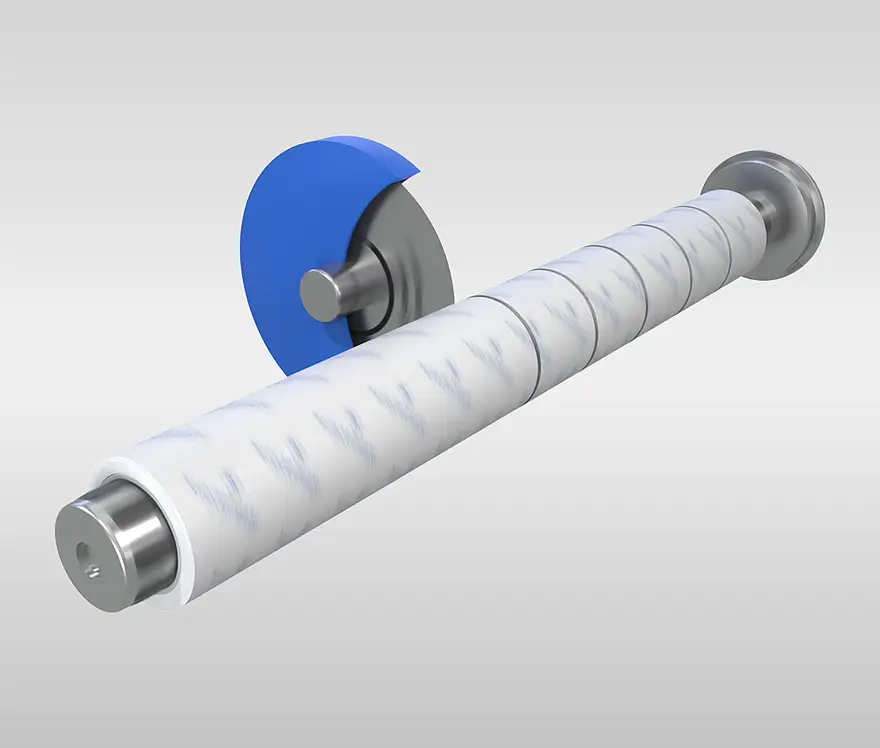 Illustration of a wide roll being cut into narrow adhesive tape strips