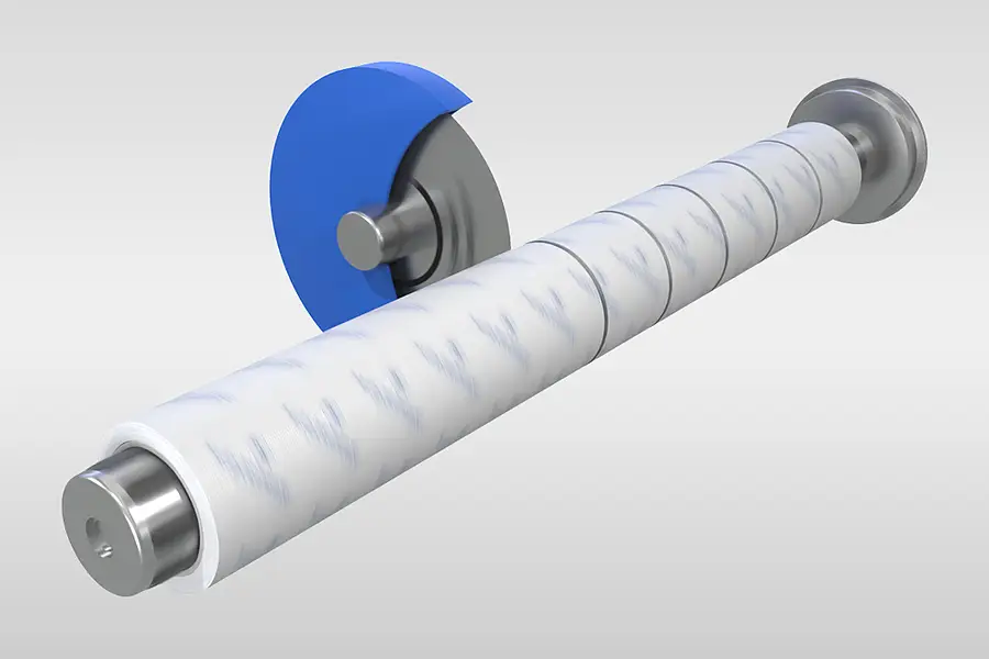 Illustration of a cutting device dividing an adhesive tape roll into narrow strips