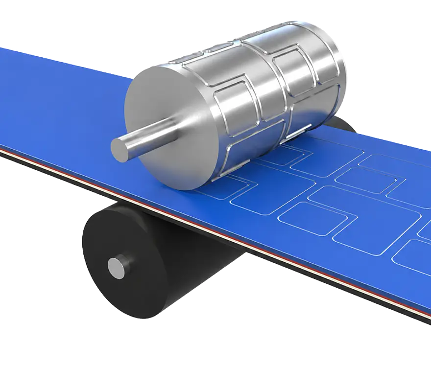 Illustration of a blue film web with die-cut outlines passing between tool rollers