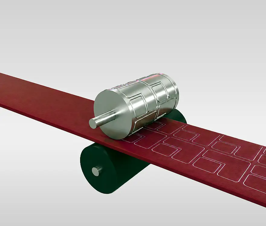Illustration of a red rubber web with die cut contours beneath a cutting roller