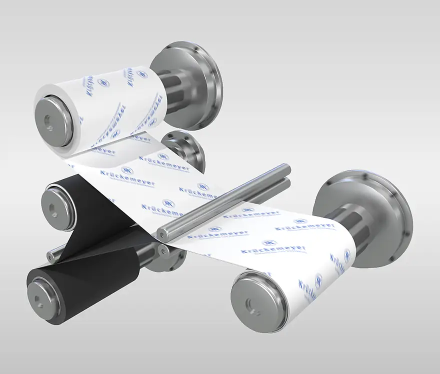 A printed covering web and a dark tape web run together between rollers