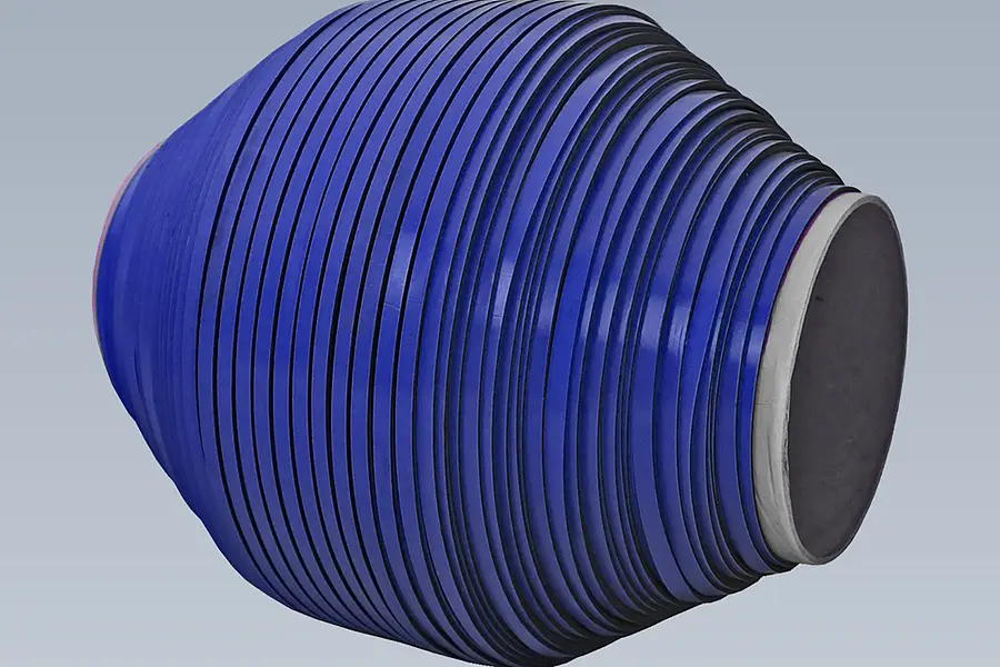 Blue biconical cross-wound spool with visibly offset tape layers