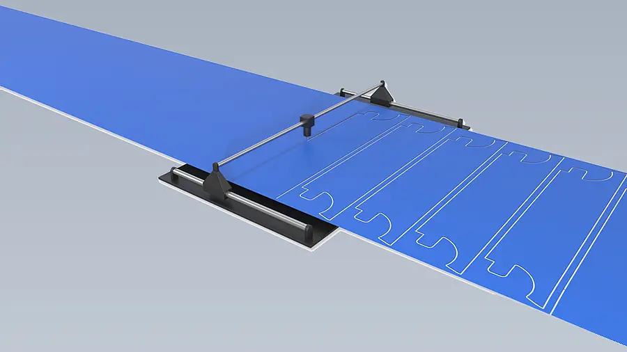 Illustration of a plotter cutting contour lines into a blue film web
