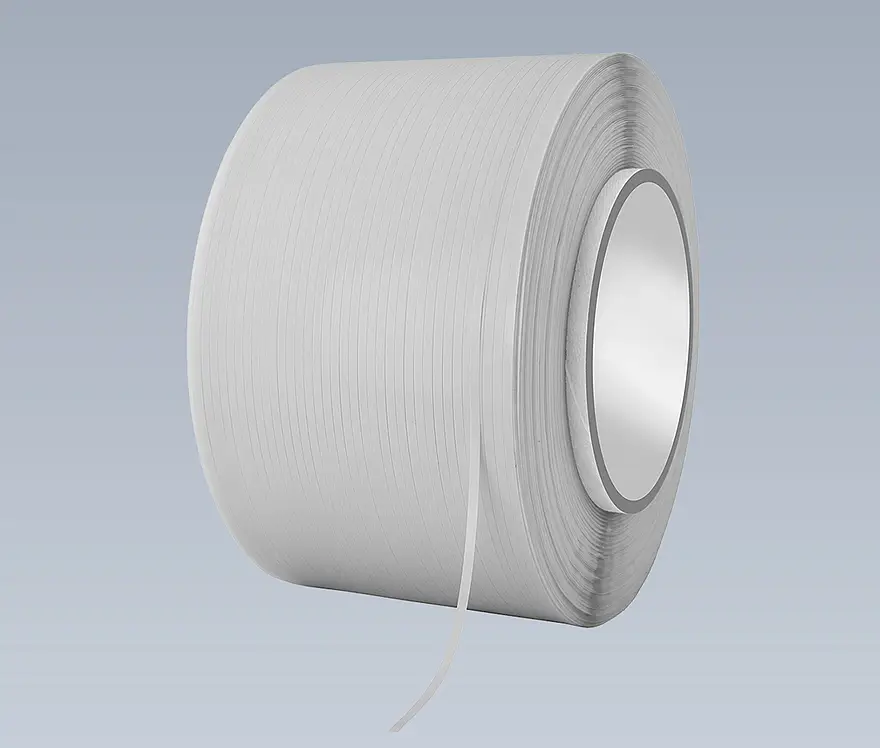 White cross-wound spool with a narrow tape unwound as an example of a tailored delivery format