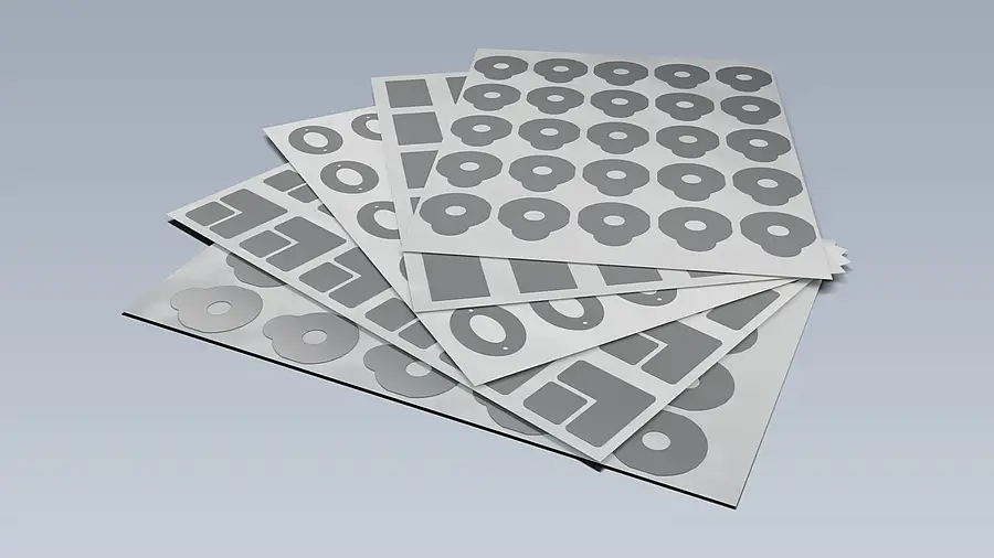 Illustration of different adhesive die-cut parts on stacked sheets