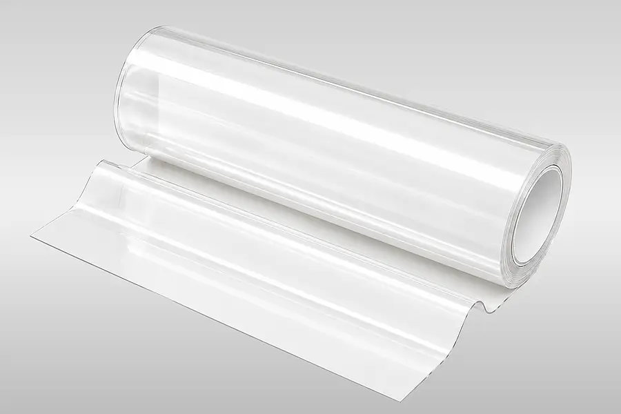 Transparent technical plastic film supplied on a roll