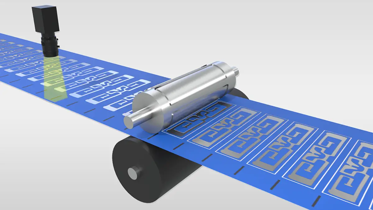 Illustration of a blue material web with shaped contours, a sensor and rollers