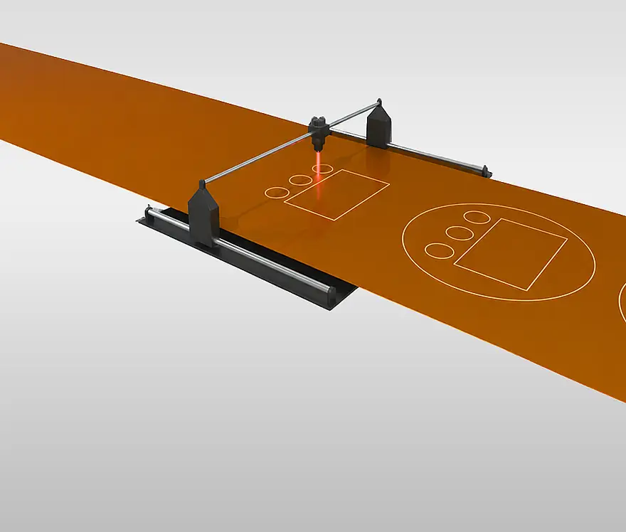 Illustration of a laser cutting contours and internal openings in a foil web