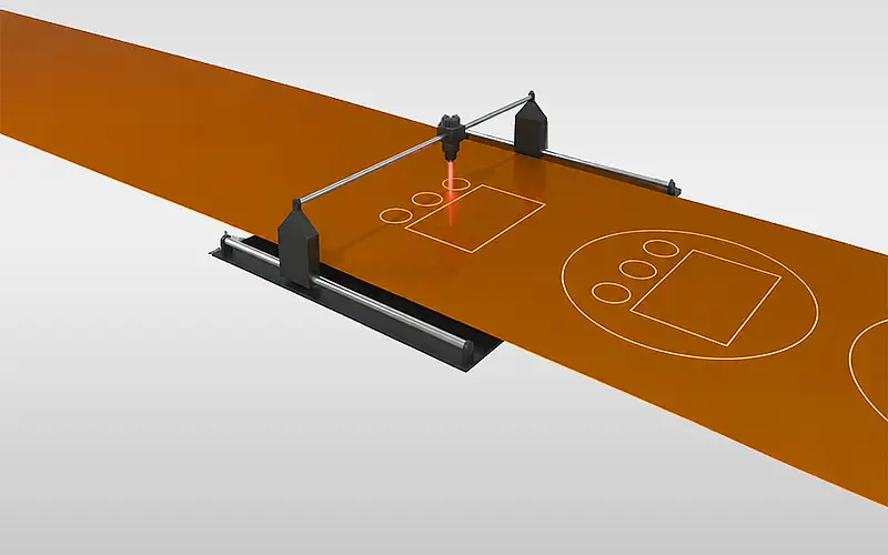 Illustration of a laser beam above a foil web with internal contours