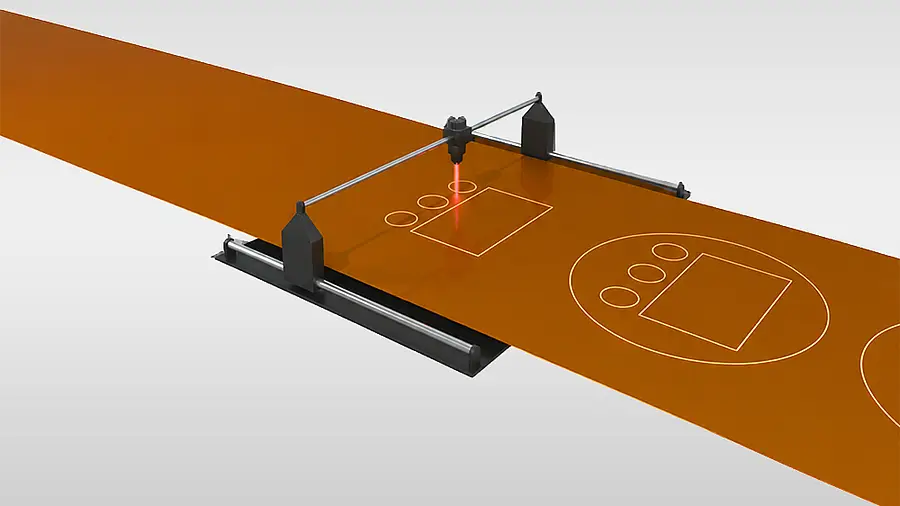 Illustration of an orange foil web with circular and rectangular internal openings