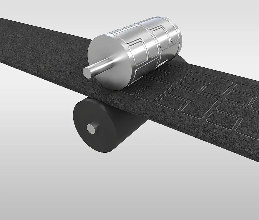 Illustration of a black foam web beneath a rotary die with repeating contours