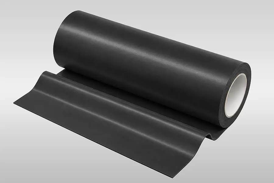 Roll of a black rubber web with a length of material unwound