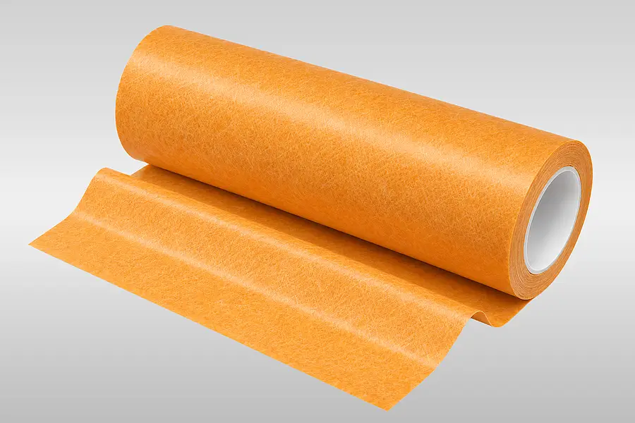 Roll of double-sided nonwoven tape illustrating a multi-layer construction