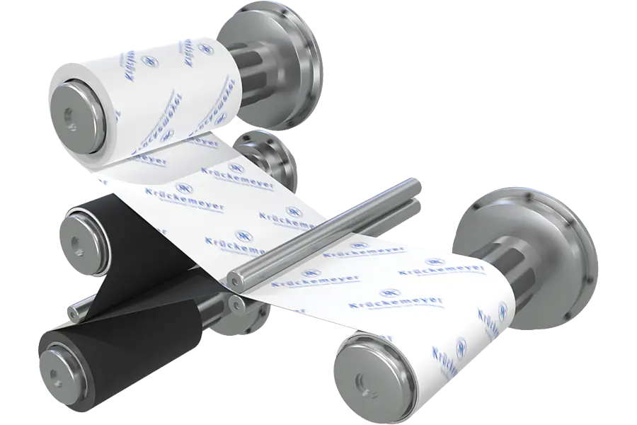 Illustration of an adhesive tape web and liner passing between rollers