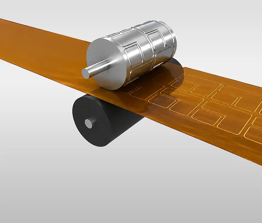 Illustration of a film web beneath a rotary die with cut contours