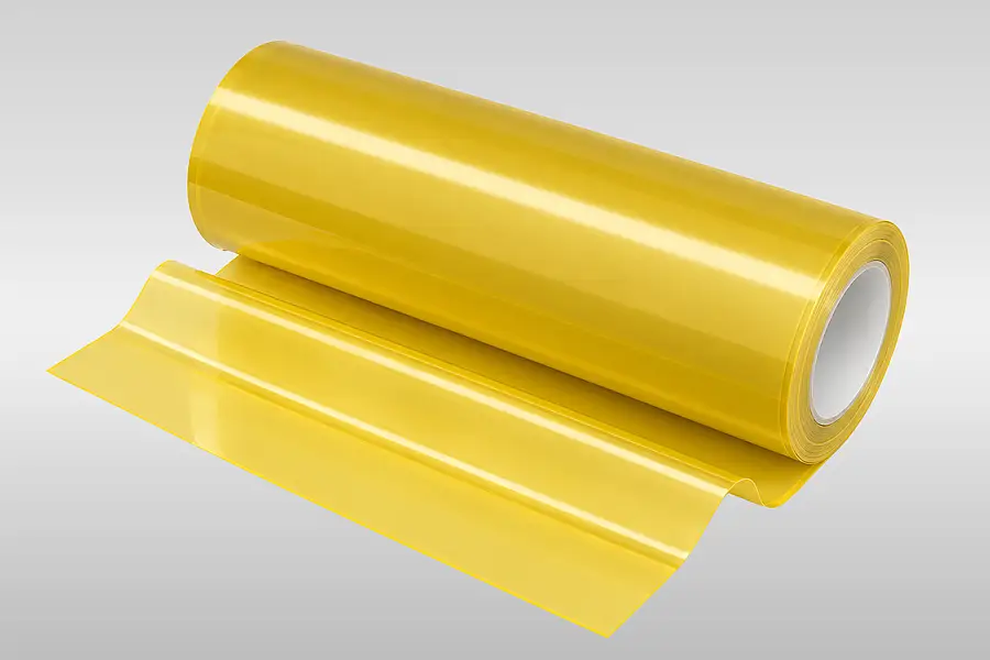 Yellow transfer adhesive film on a roll as base material for an assessed layer cut
