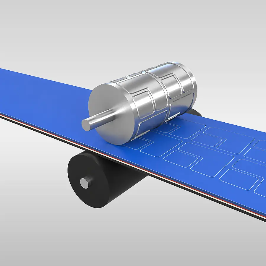 Illustration of a rotary die above a multilayer film web