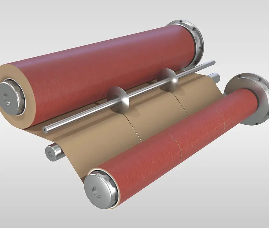 Illustration of a coated abrasive web being cut between rollers