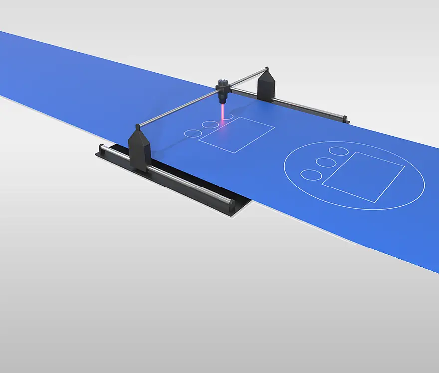Illustration of a laser cutting contours into a blue adhesive tape web