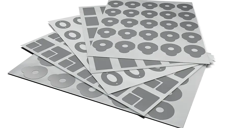 Grey shaped parts with circular and rectangular inner cut-outs on sheets