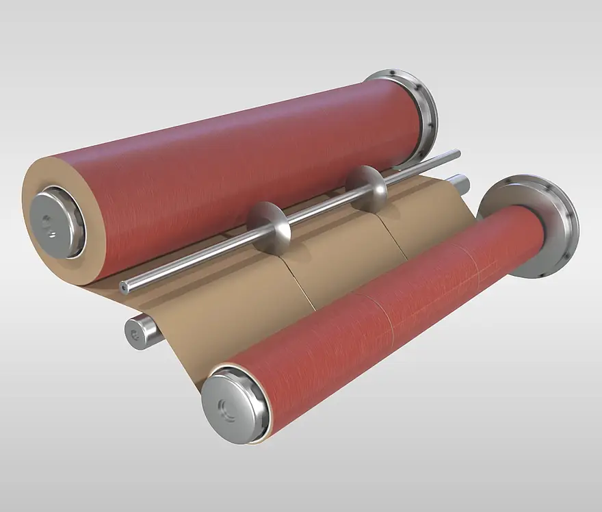 Diagram of coated abrasive web guided over rollers for cutting
