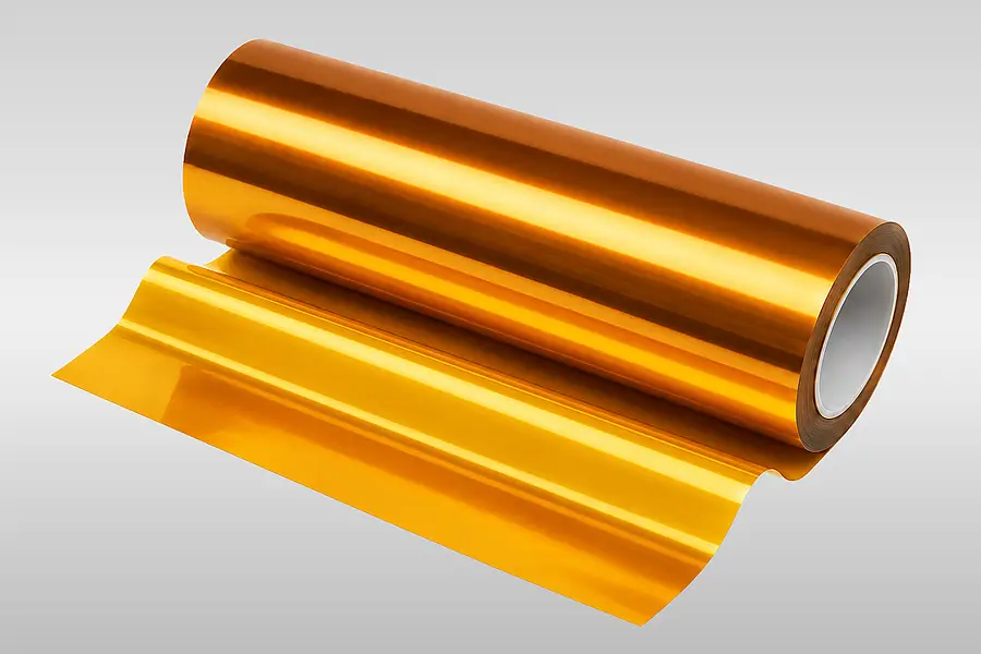 Amber coloured polyimide film on a roll with an unwound web