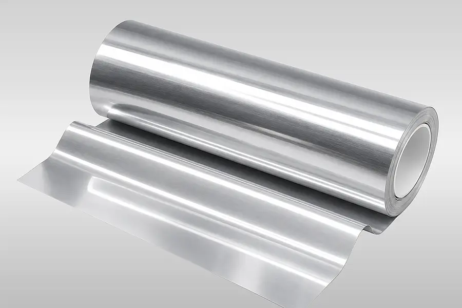 Shiny silver aluminium film on a roll