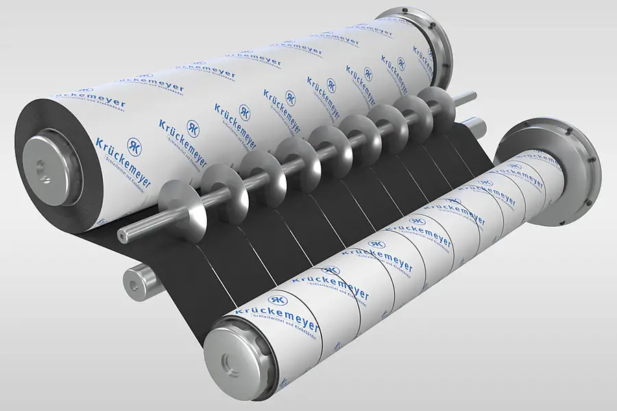 Illustration of a material web being cut into narrow rolls