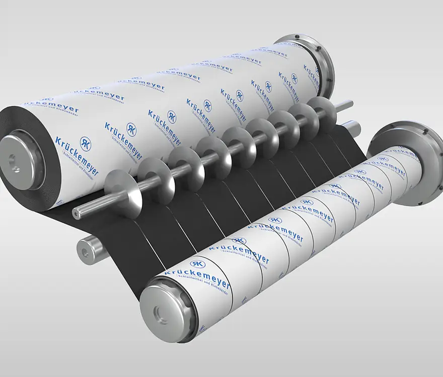 Illustration of a material web split into narrower adhesive tape lanes between rollers