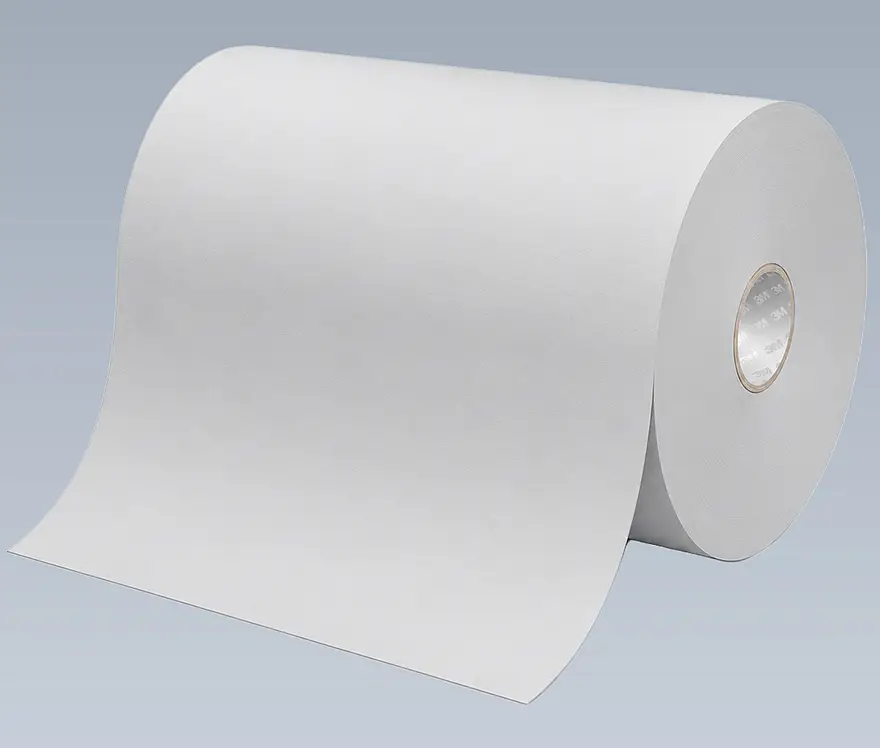 Large white master roll with a loose material web as source material for rewinding