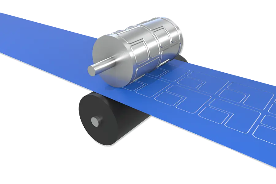 Cut-out illustration of a rotary die above a material web