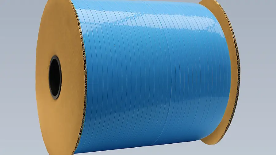 Blue narrow-tape spool between two brown side flanges