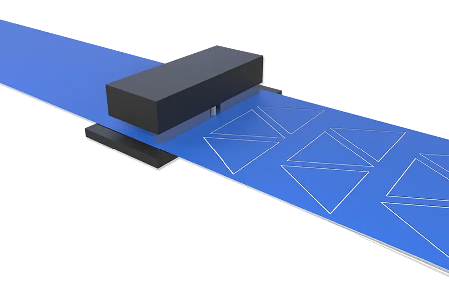 Cut-out illustration of a flatbed die above a material web